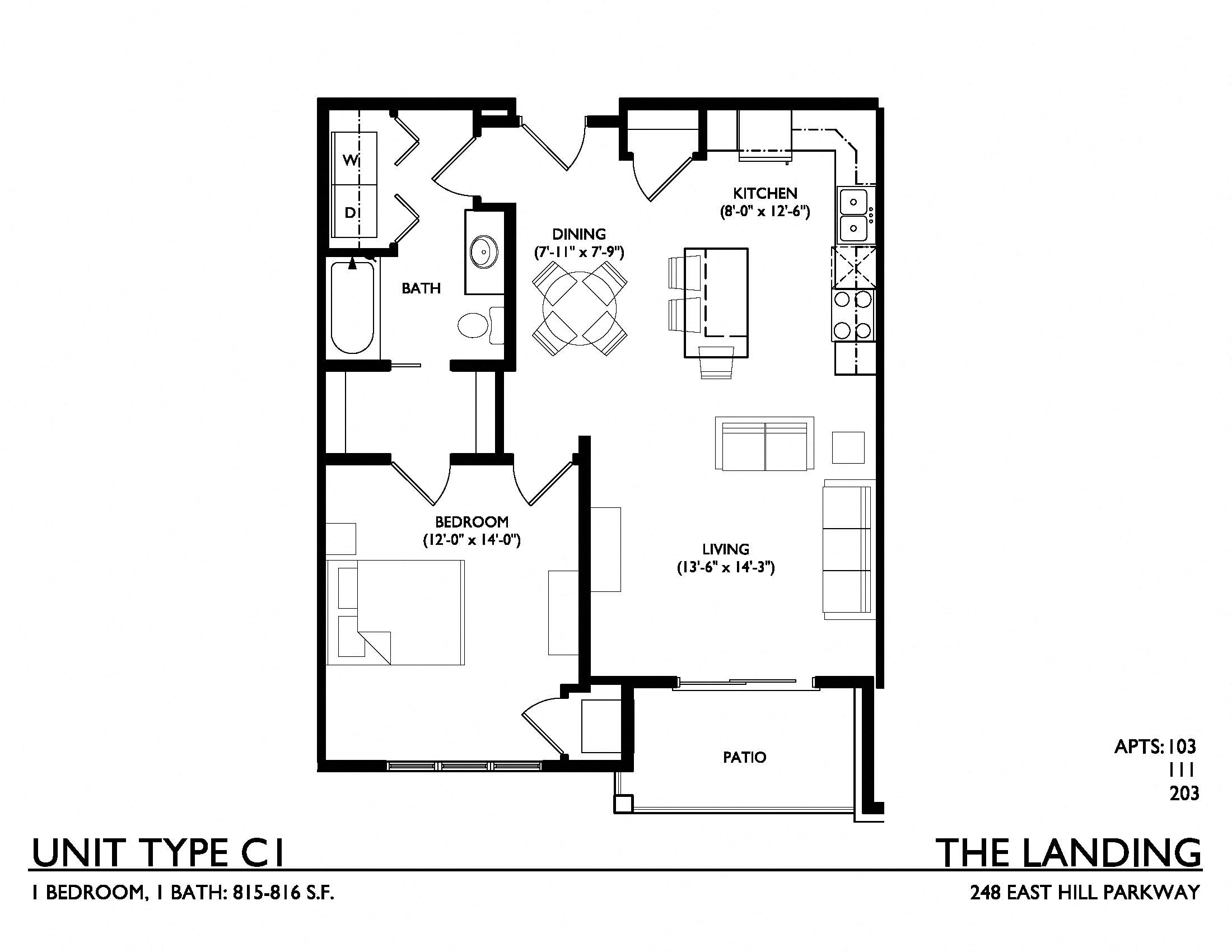 Floor plan for 1 bed, 1 bath, 815 sqft